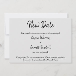 Invitation "Nouvelle date" Mariage reporté noir sur gris cart