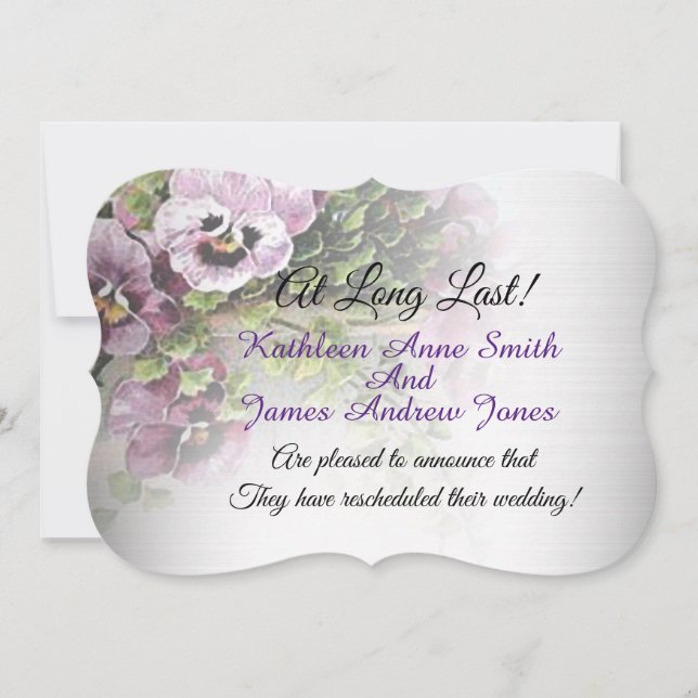 Invitation Nouvelle date pour mariage, jardin de pensées (Devant)