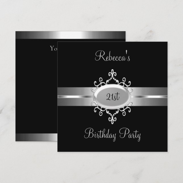 Invitation NOUVELLE Fête d'anniversaire 21 ans Noir Argent (Devant / Derrière)