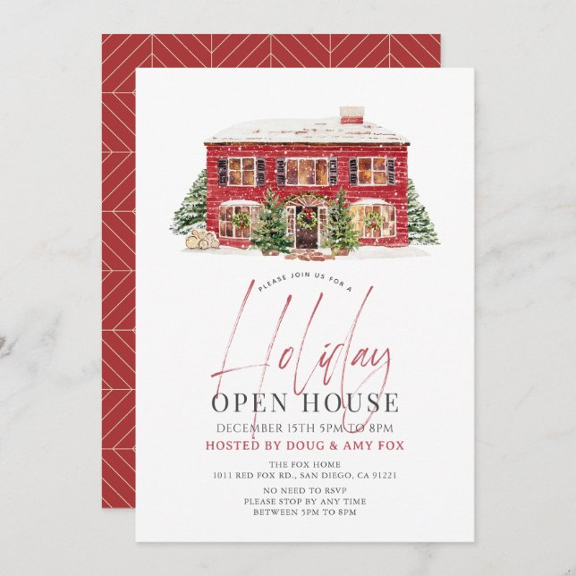 Invitation Nouvelle maison Red House Noël Holiday Open House (Devant / Derrière)