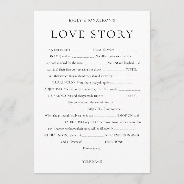 Invitation Nouvelle mariée Love Story Mariage Game Card (Devant)