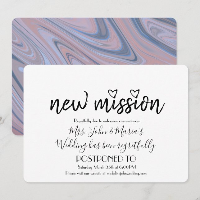 Invitation Nouvelle mission de mariage rose blush en marbre D (Devant / Derrière)