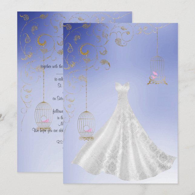 Invitation Nouvelle robe bleue Birdcage mariage moderne (Devant / Derrière)