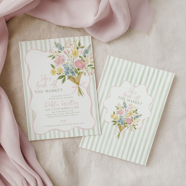 Invitation Nouvellement sur le Marché Fête de Mariage Florale (She's fresh off the market! Green stripe floral bouquet bridal shower invitation )