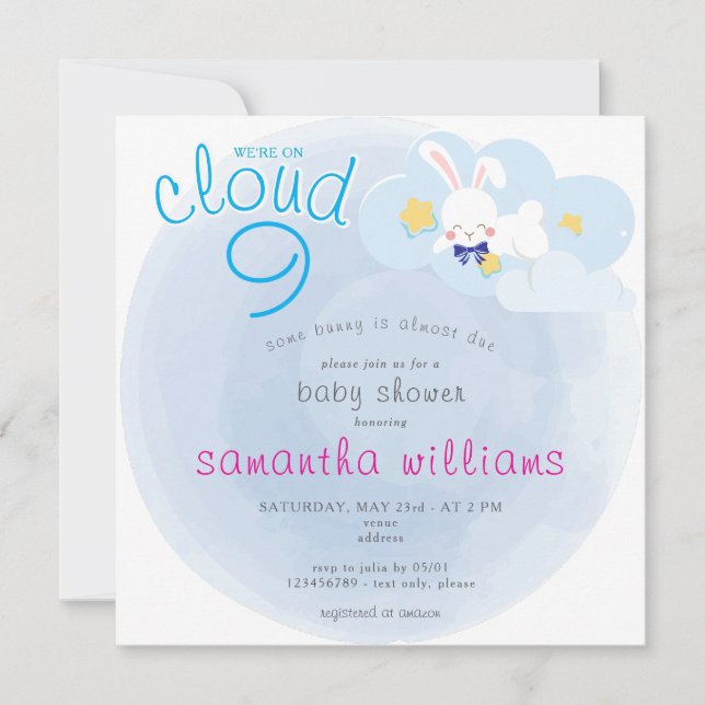 Invitation Nuage 9 Quelques Bunny Bleu Baby shower garçon Pâq (Devant)
