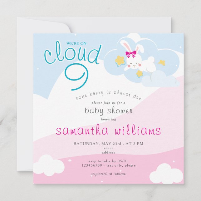 Invitation Nuage 9 Un lapin rose Baby shower de fille de prin (Devant)