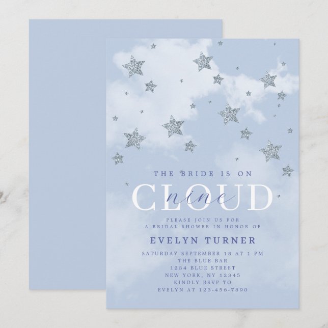 Invitation Nuage aquarelle 9 étoiles bleu blanc Shower de mar (Devant / Derrière)