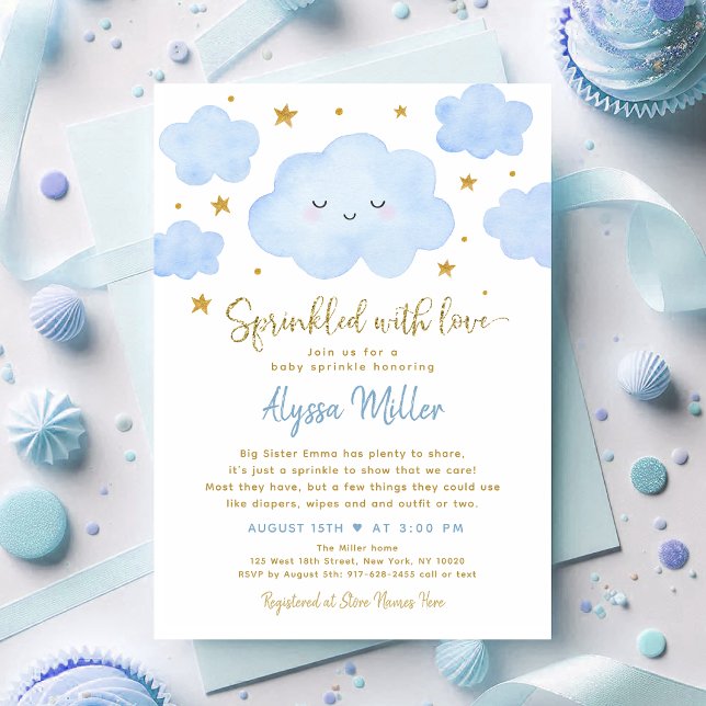 Invitation Nuage Blue Boy Parsemé d'Amour Bébé Poudré (Créateur téléchargé)