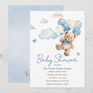 Invitation Nuage de Baby Shower Ballon d'Ours Aquarelle