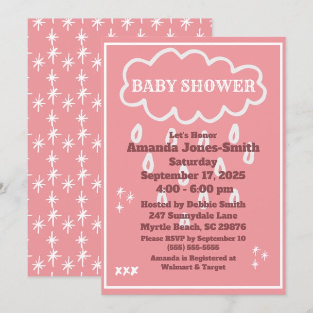 Invitation Nuage de Baby shower rose et blanc et arroses (Devant / Derrière)
