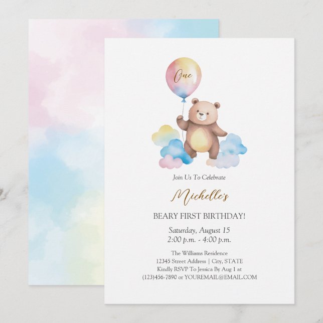 Invitation Nuage de ballons en forme d'ours en peluche pour u (Devant / Derrière)