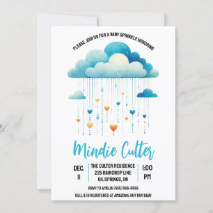 Invitation Nuage de pluie bleu avec gouttes de coeur Bébé sau