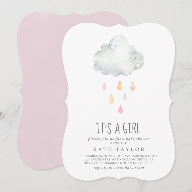 Invitation Nuage de pluie C'est une fille Baby shower Invitat (Devant / Derrière)