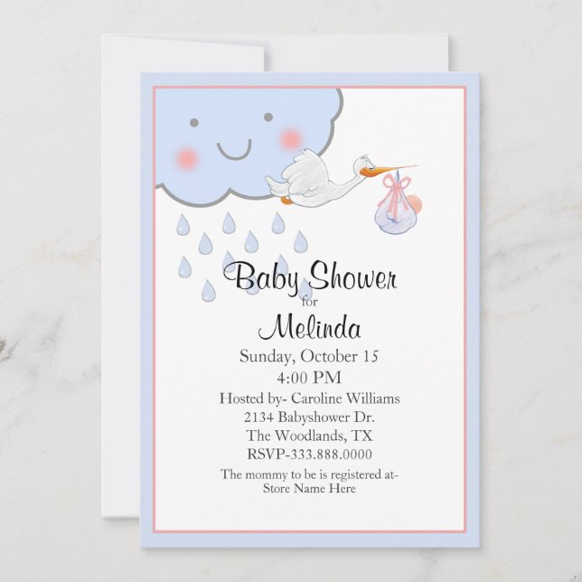 Invitation Nuage de pluie et Baby shower de cigogne (Devant)