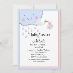 Invitation Nuage de pluie et Baby shower de cigogne