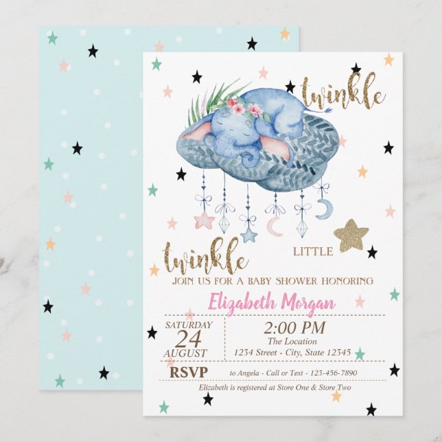 Invitation Nuage d'Éléphant, Twinkle Little Star Baby Shower (Devant / Derrière)