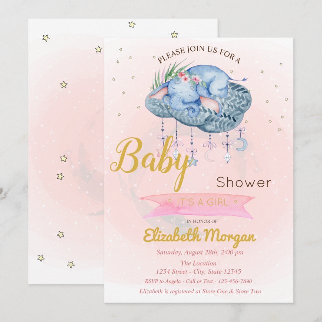 Invitation Nuage éléphant bébé mignon, Fête prénatale bébé ét (Devant / Derrière)