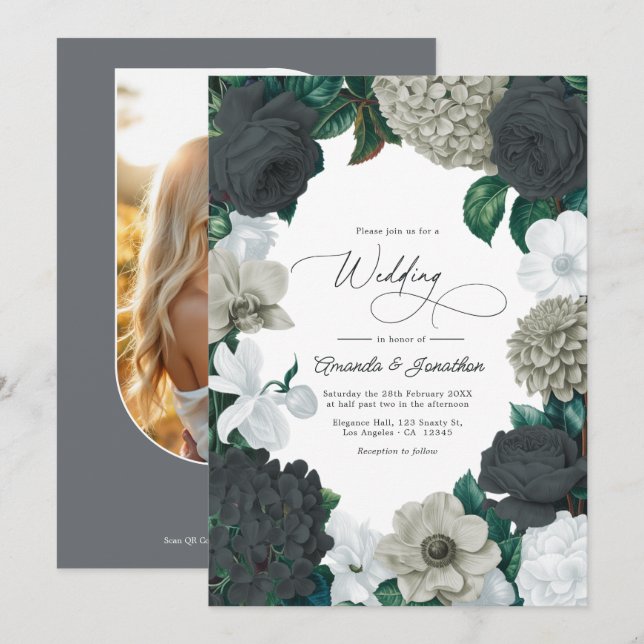 Invitation Nuage Gris, Ardoise Charbon & Mariage Blanc Doux (Devant / Derrière)