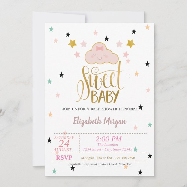 Invitation Nuage mignon, Étoiles, Baby shower bébé doux (Devant)