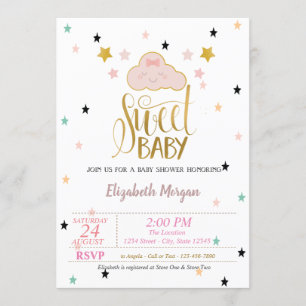 Invitation Nuage Mignon, Étoiles, Douce Bébé Fête de Naissanc