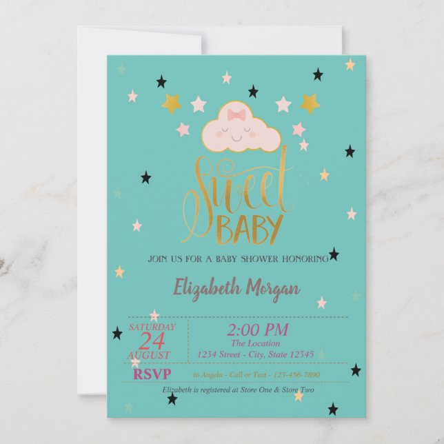 Invitation Nuage Mignon, Étoiles, Vert Menthe Douce Baby Show (Devant)