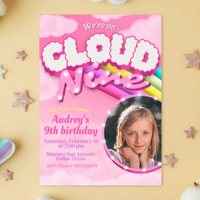 Invitation Nuage Neuf - 9e anniversaire avec photo (Cloud Nine - 9th Birthday with Picture Invitation)