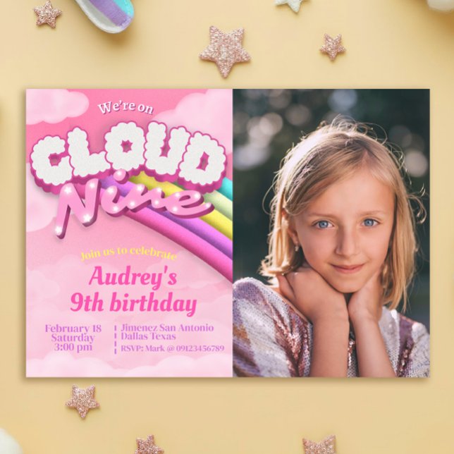 Invitation Nuage Neuf - 9e anniversaire - Fille (Cloud Nine - 9th Birthday - Girl Invitation)