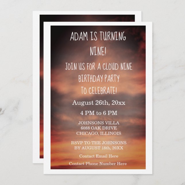 Invitation Nuage Neuf Anniversaire Fête 9e Neuvième Âge Perso (Devant / Derrière)