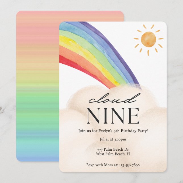Invitation Nuage Neuf Aquarelle Arc-en-ciel et Nuage Neuf Ann (Devant / Derrière)