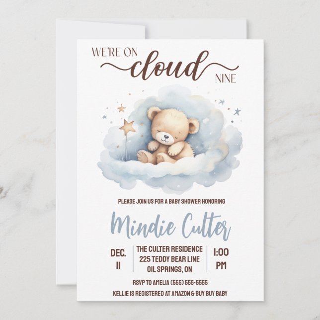 Invitation Nuage Neuf, Bleu Sleeping Teddy Bear Baby shower (Devant)