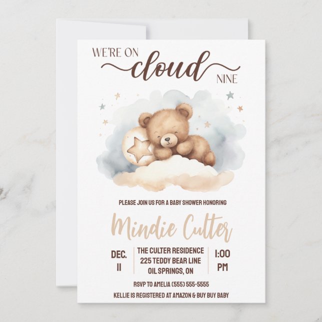 Invitation Nuage Neuf, Sleeping Teddy Bear Baby shower (Devant)