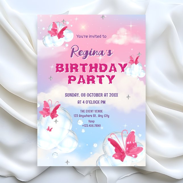 Invitation Nuage papillon rose violet scintillant anniversair (Créateur téléchargé)