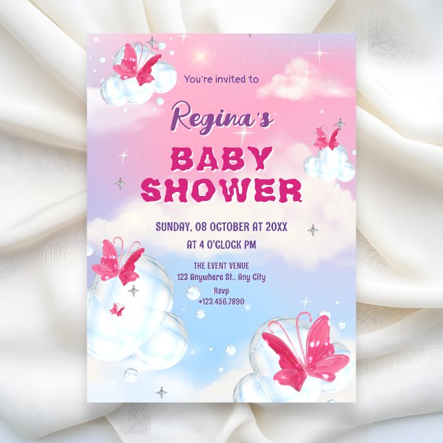 Invitation Nuage rose violet papillon scintillant pour une ba (Créateur téléchargé)