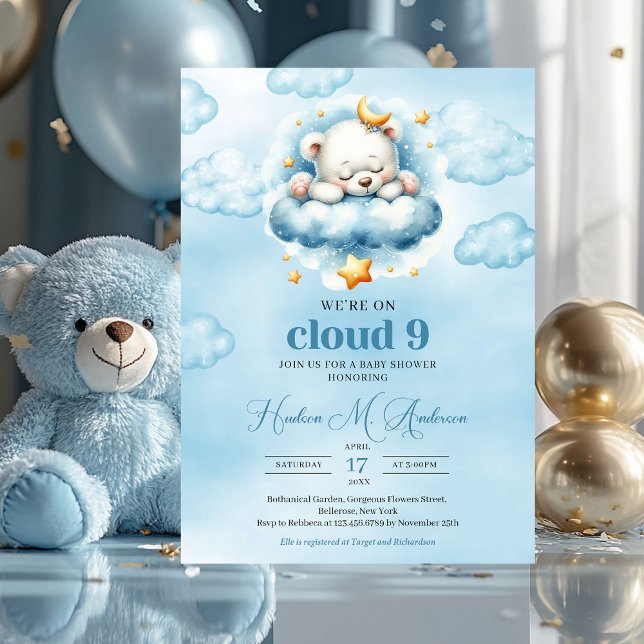 Invitation Nuage tendance neuf ours en peluche Baby shower ga (we're on cloud nine - sleeping teddy bear boy baby shower invitation)