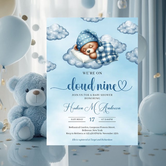 Invitation Nuage tendance neuf ours en peluche Baby shower ga (cloud nine sleeping teddy bear boy baby shower invitation)