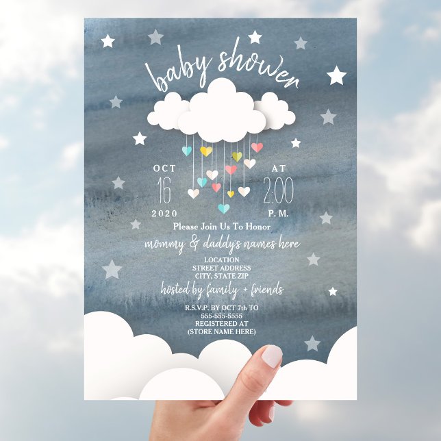Invitation Nuages Coeurs + Etoiles Baby shower neutre (Créateur téléchargé)