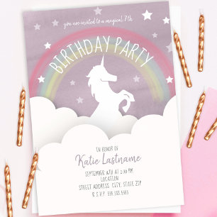 Invitation Nuages d'anniversaire Unicorne + Etoiles Aquarelle