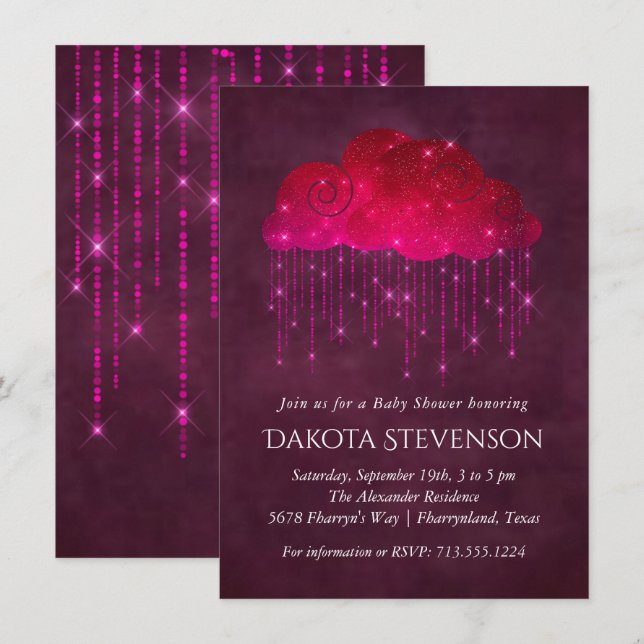 Invitation Nuages de pluie étincelants | Baby shower rose fon (Devant / Derrière)