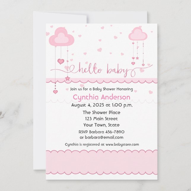 Invitation Nuages et baby shower roses doux de coeurs (Devant)