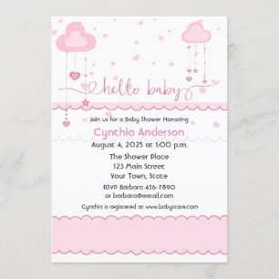 Invitation Nuages et baby shower roses doux de coeurs