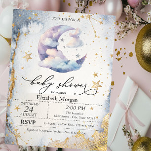 Invitation Nuages Lune,Étoiles Aquarelle Baby Shower