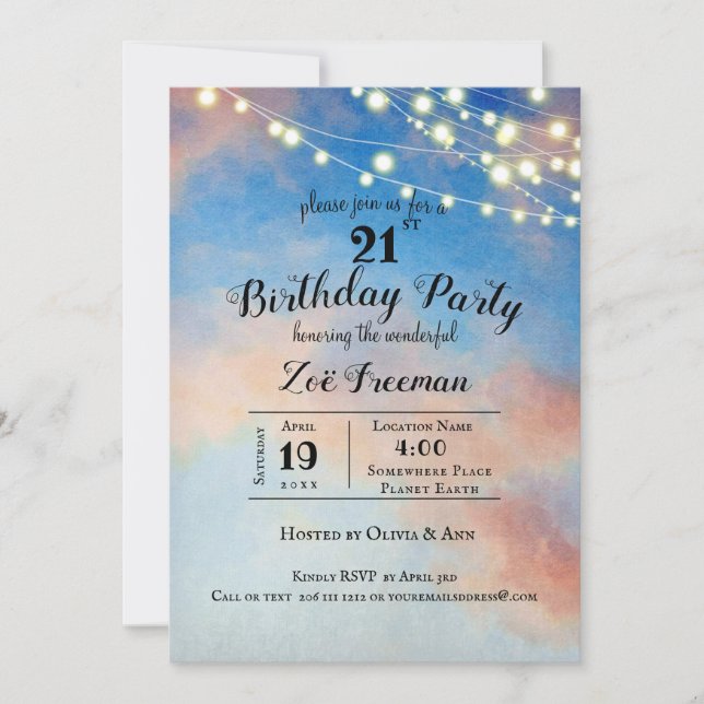Invitation Nuages roses dans le ciel | 21e anniversaire Bleu (Devant)