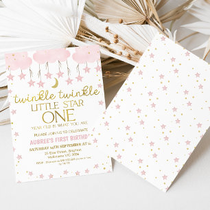 Invitation Nuages roses Twinkle Twinkle Star 1er anniversaire
