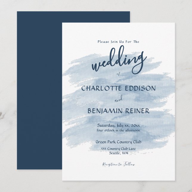 Invitation Nuances de bleu pour un mariage moderne (Devant / Derrière)