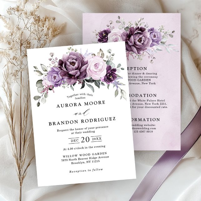 Invitation Nuances de pourpre Dusty fleurissent tous en un se (Shades of Dusty Purple Blooms All in One details on back Wedding Invitation)