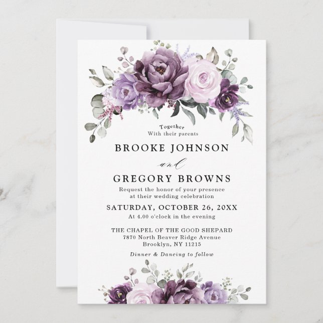 Invitation Nuances de pourpre Dusty fleurs Moody Floral Maria (Devant)
