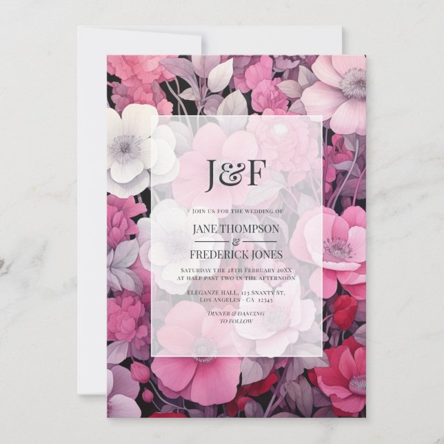 Invitation Nuances de rose et gris Mariage floral Monogramme (Devant)