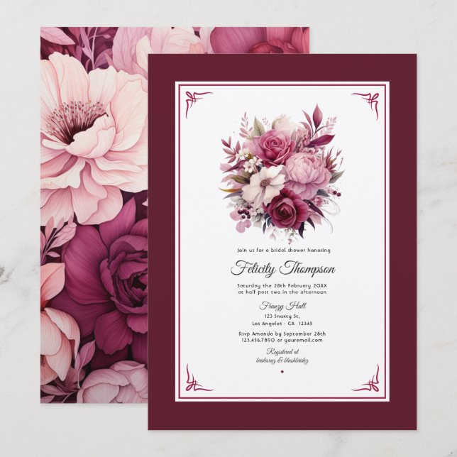 Invitation Nuances de vin floral Baby Shower (Devant / Derrière)