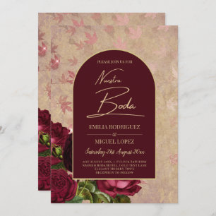 Invitation Nuestra Boda Bourgogne Floral Roses Rouges Vintage