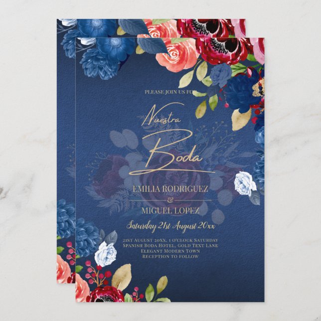 Invitation NUESTRA BODA Burgundy Blue Floral Wedding INVITE (Devant / Derrière)